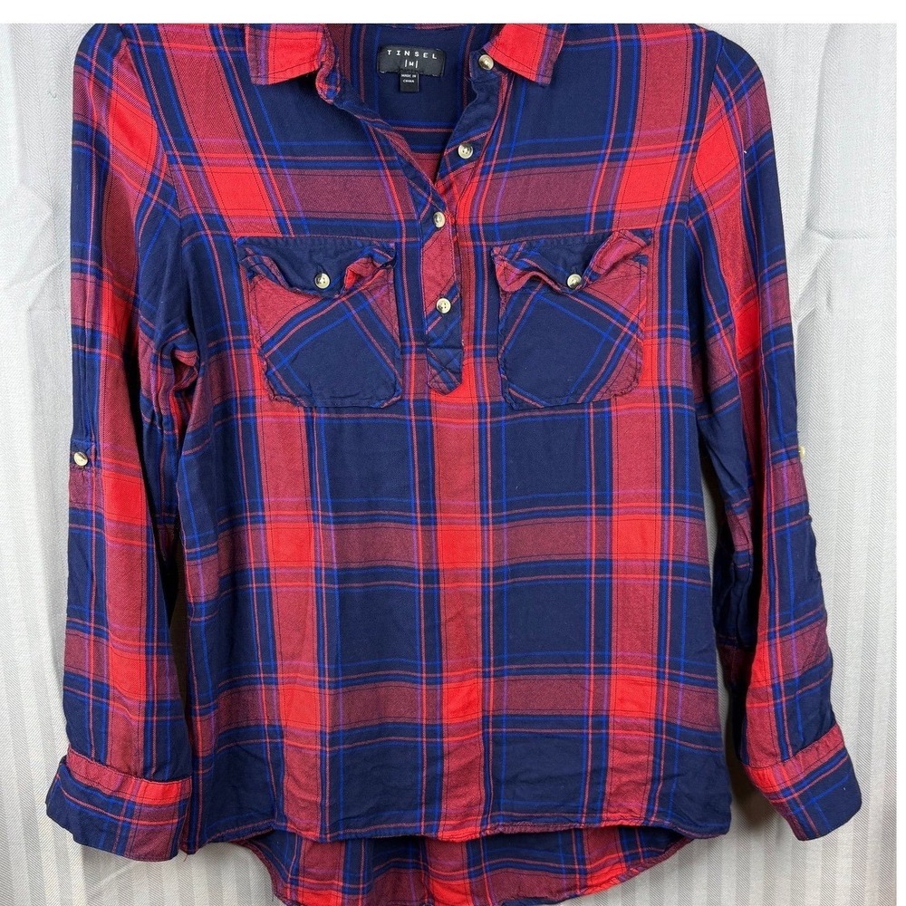 Tinsel Navy Red Plaid Henley Roll Tab Sleeve Flannel Shirt M cabin gorpcore